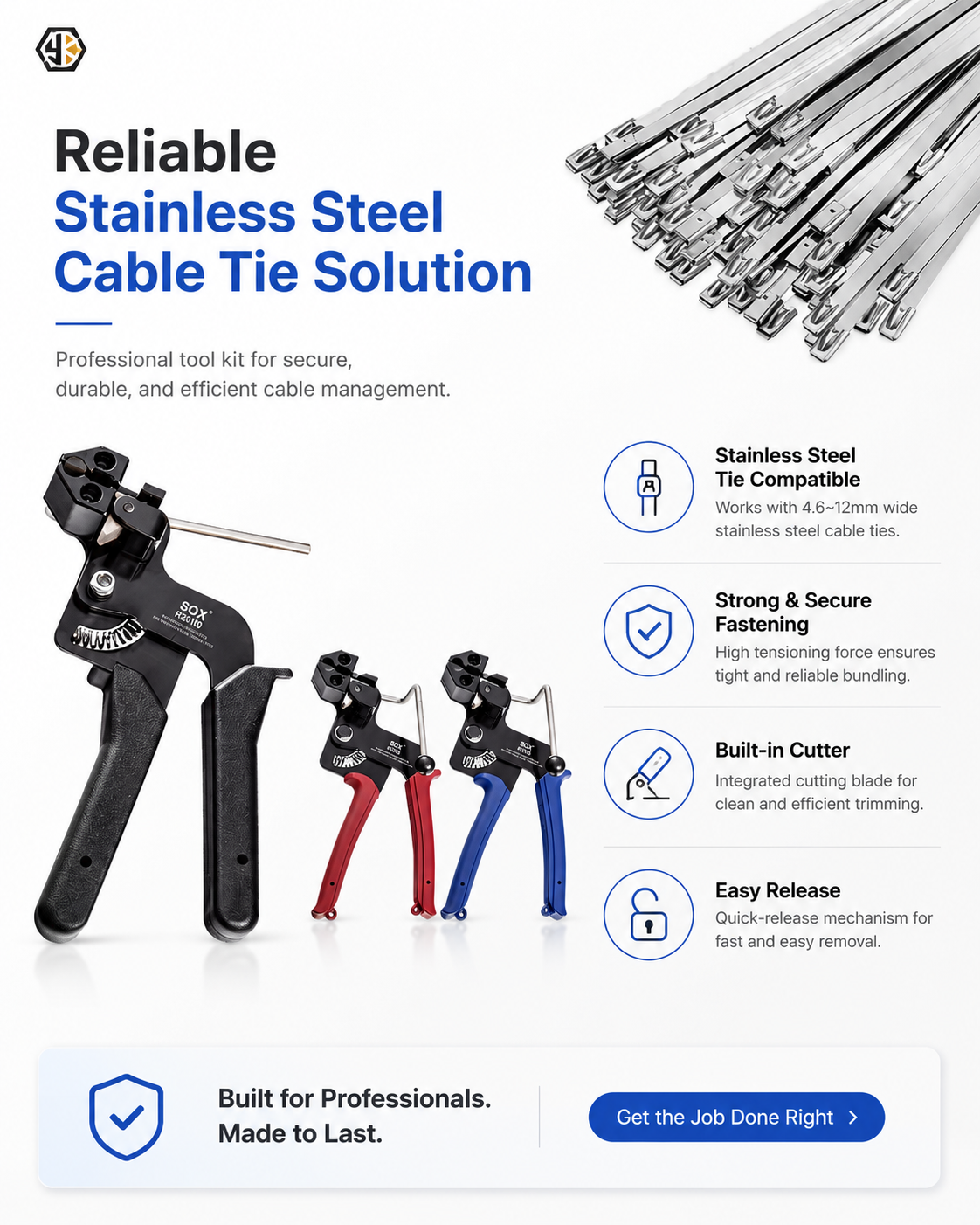 100pcs 11.8 Inch Stainless Steel Cable Tie Tool Zip Gun Metal Tensioner with Built-in Cutter Release