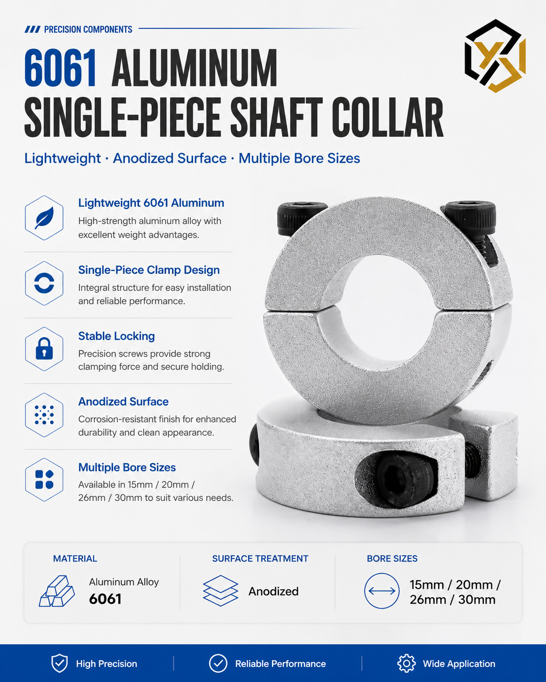 Lightweight Aluminum Alloy 6061 Single Split Shaft Collar 15mm 20mm 26mm 30mm Bore with