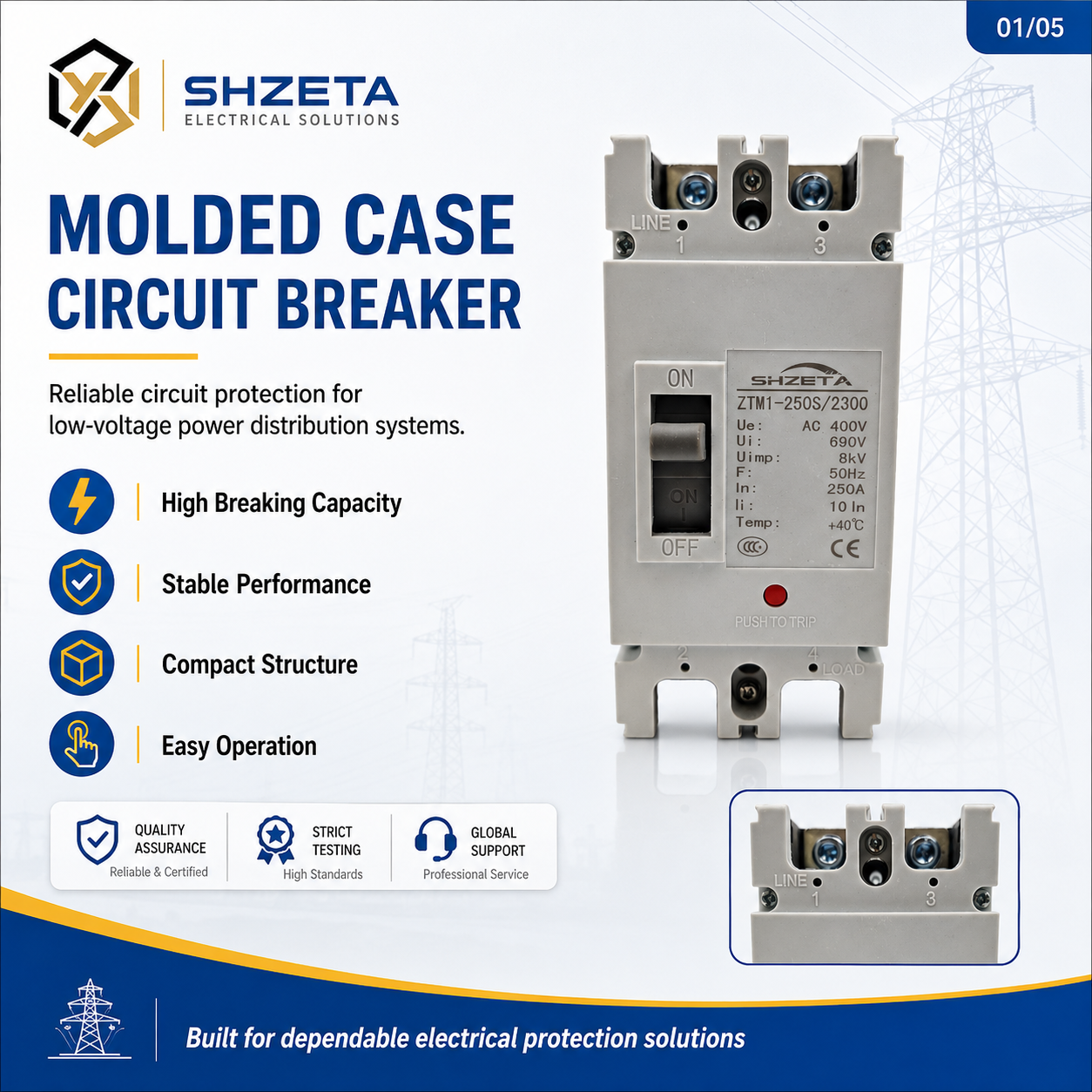 DC Mccb 1Pole 125A 160A 200A 250Amp 12V 48V 36V 550V Breaker Molded Case Circuit Breaker for 12V 48V 36V 550V DC Circuit