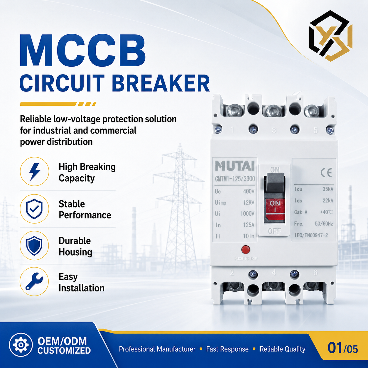Mutai 3p 80amp 100 Amp Thermal Magnetic Circuit Breaker 415V 35kA 50/60Hz for Wholesale