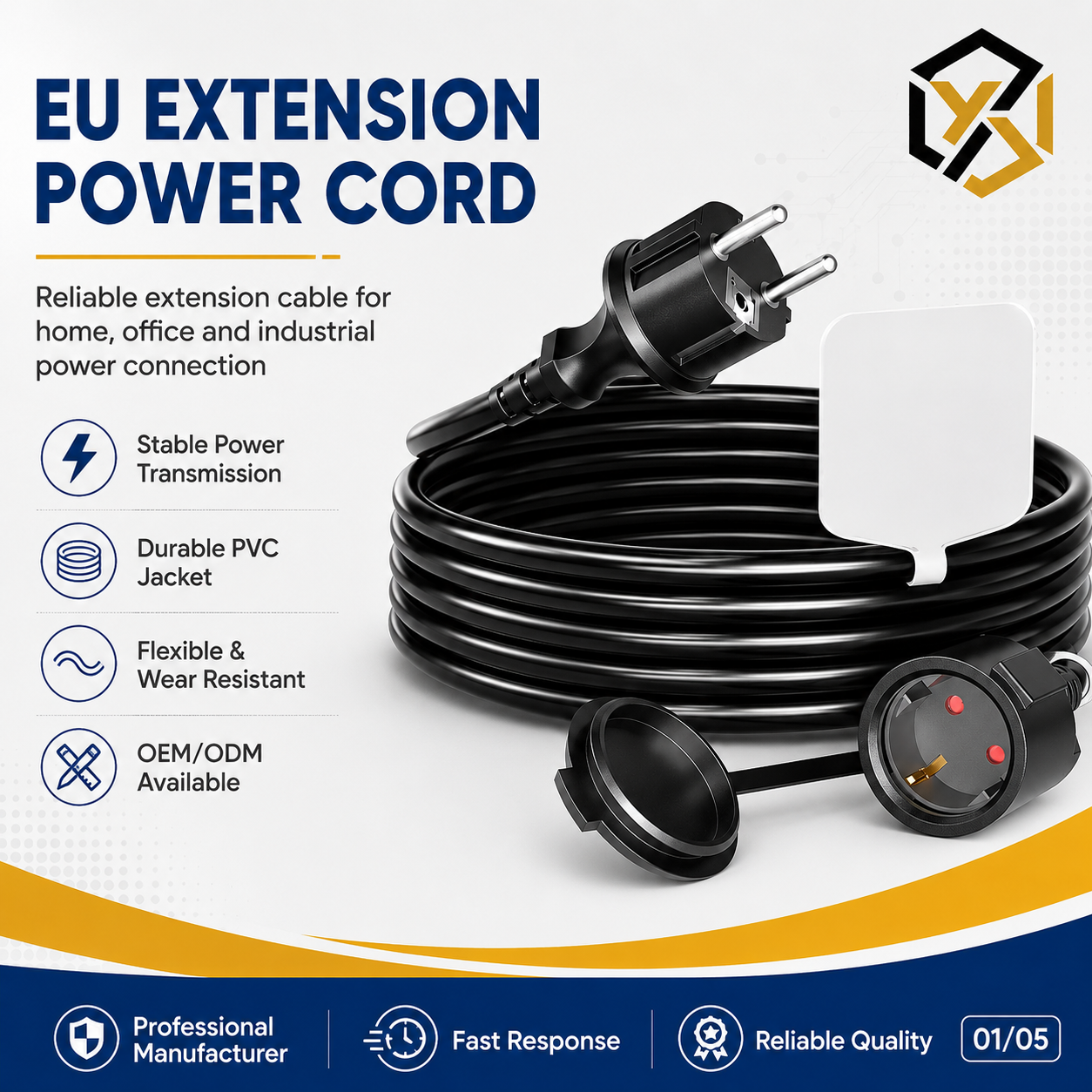 Vickwire Rubber Extension Cord 10m Outdoor Cable Safety Contact Plug CN Schuko 16A/250V Black H05RR-F 3G1.5 mm