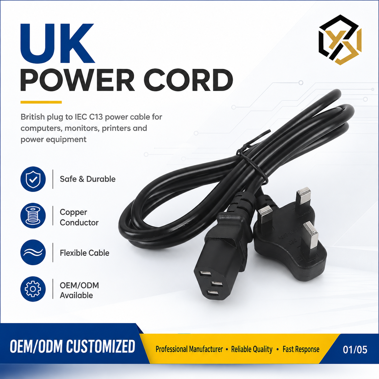 Wholesale 3-Prong Copper PVC Durable Laptop Power Cable British AC Power Cord 1m 10A C13 End 3 Outlets Computer Use