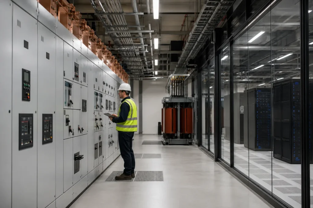 Engineer inspecting electrical switchgear beside server racks in a data center