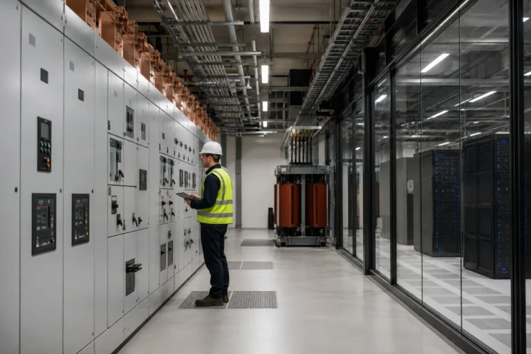 Engineer inspecting electrical switchgear beside server racks in a data center