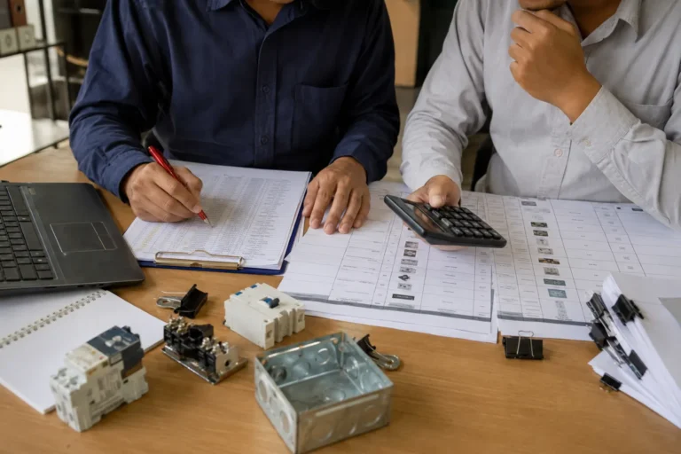 Engineers reviewing an electrical project BOM list and quotation documents