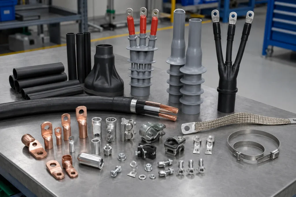 Cable accessories, lugs, terminations and grounding parts arranged for a utility project package