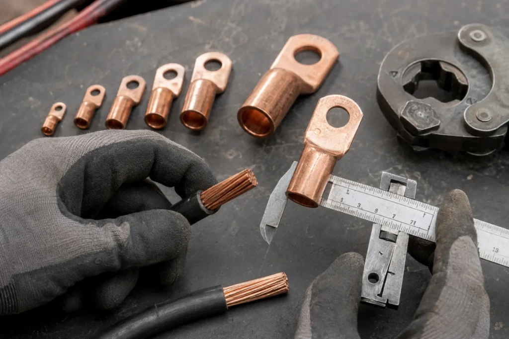 Copper cable lugs being measured for cable termination selection