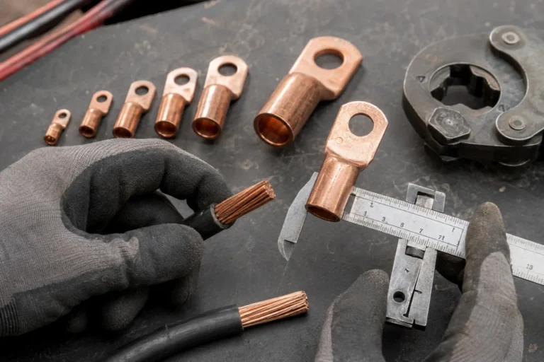 Copper cable lugs being measured for cable termination selection