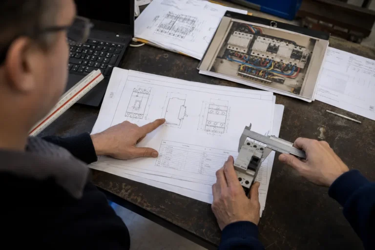 Engineers checking electrical drawings and matching components with calipers