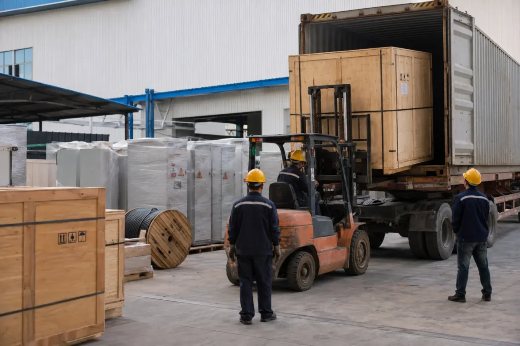 Electrical equipment packed in wooden crates being loaded into a shipping container