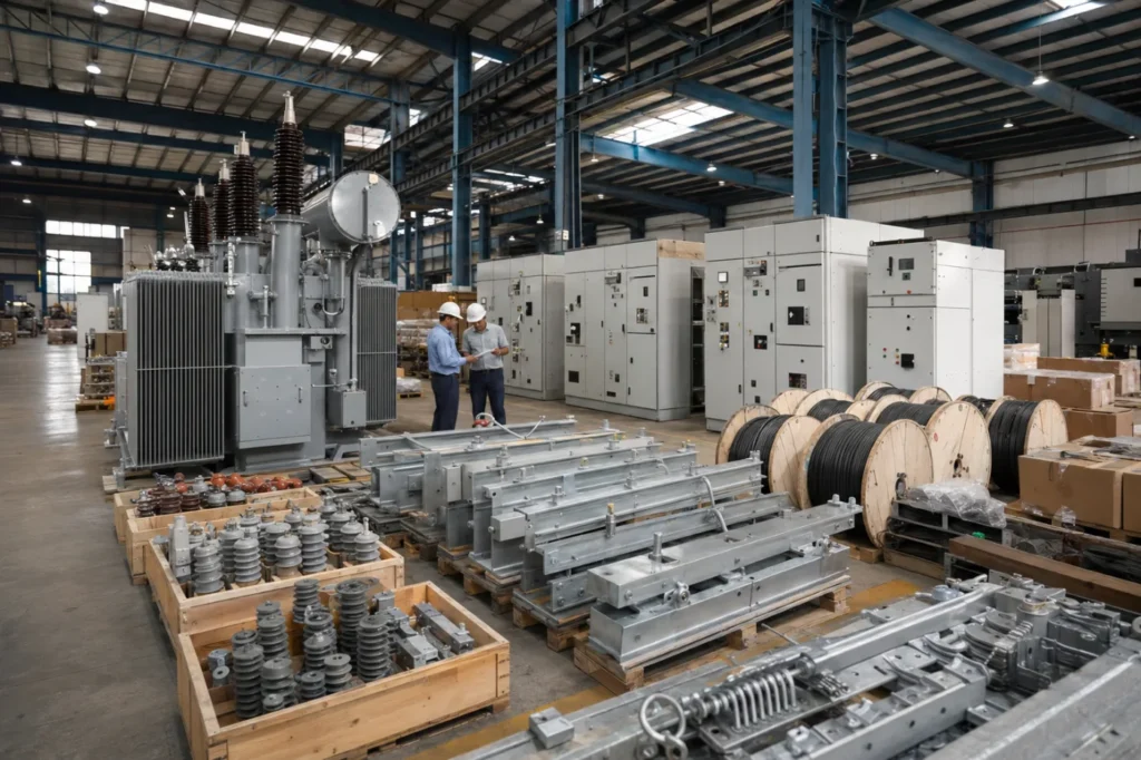 Transformer, switchgear, cable reels and electrical components prepared in a factory for one-stop procurement